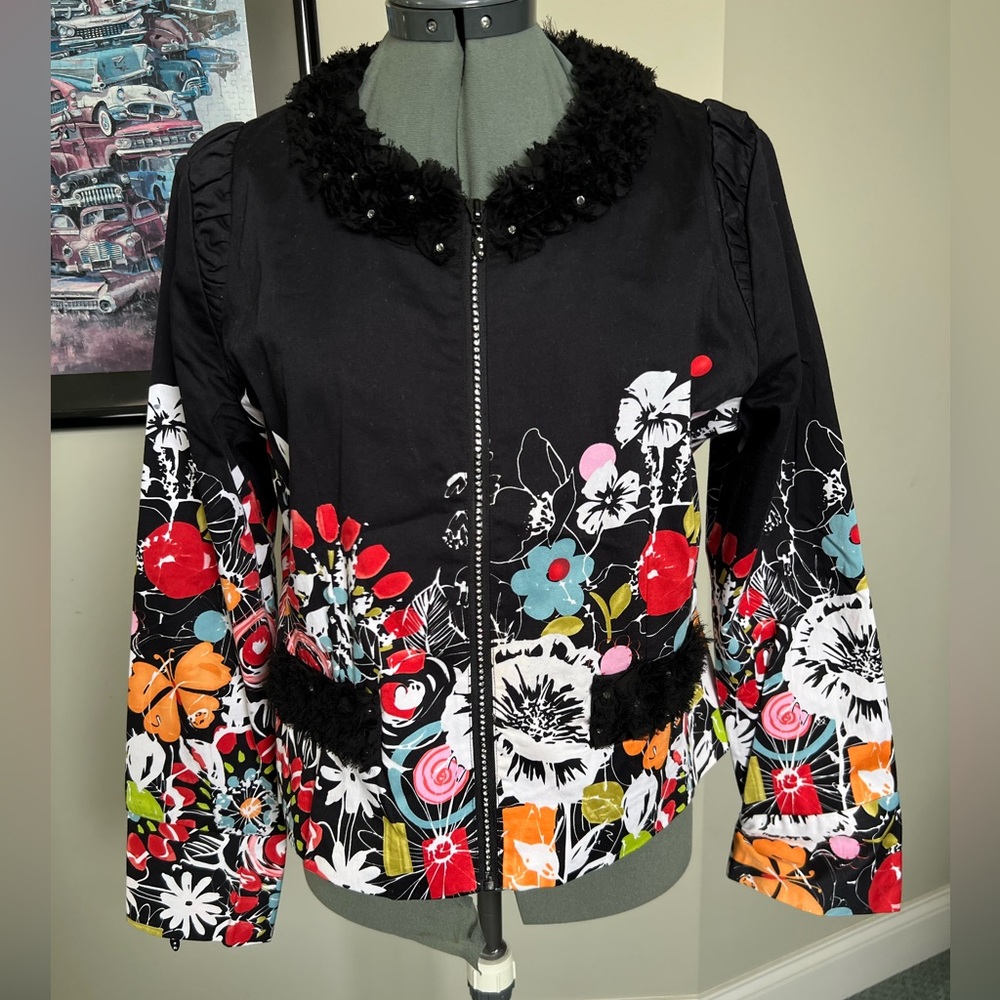 Berek L Floral Butterfly Bling Zipper Jacket Light Weight